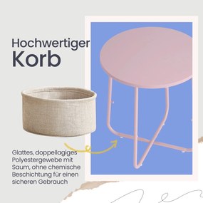Mesa auxiliar redonda com cesto em tecido 45 x 50 cm rosa + branco creme
