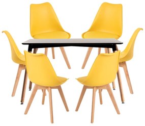 Conjunto Mesa Retangular 120 x 80 cm Preta e 6 Cadeiras Nórdicas Synk - Amarelo