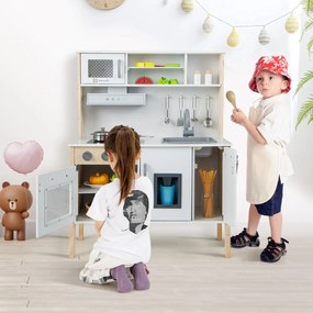 Cozinha de brincar em madeira 72 x 30 x 90 cm com micro-ondas, exaustor, fogão, lava-loiça, forno, máquina de gelo, 18 acessórios, botões, sons e toal