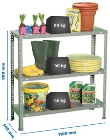 Estante com 3 Prateleiras METÁLICA COMFORT SUPERPLUS 3/500 900 CINZENTA Capacidade P/ prateleira 0 Kg Dimensões 900x1100x500 mm