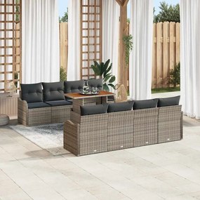 Conjunto de Sofá de Jardim vidaXL com 9 Peças e Almofadas Cinzento em Rattan Acácia