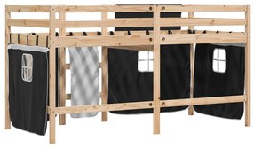 Cama alta criança c/ cortina 90x190cm pinho maciço branco/preto