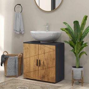 Móvel de casa de banho para lavatório (NÃO INCLUÍDO) com 2 portas e prateleira, 60 x 30 x 60 cm, cinzento antracite e acabamento em imitação de madeir