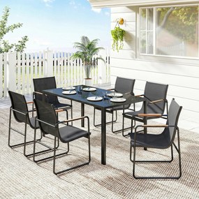 Conjunto de sala de jantar de jardim de 7 peças para 6 pessoas, mesa de vidro e cadeiras com braços decorativos, malha resistente às intempéries, pret