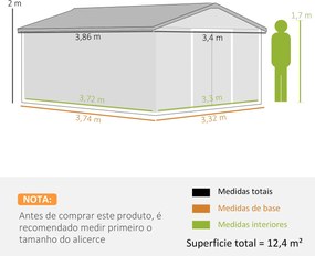 Abrigo de Jardim Metálico 340x386x200cm Abrigo de Exterior para Armazenamento de Ferramentas com estrutura Base Incluida (PISO NÃO INCLUIDO) 4 Janelas