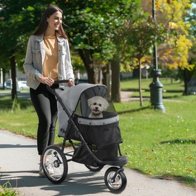 Carrinho dobrável para cães com cesto de arrumação, almofada lavável, rodas de borracha e capota ajustável, cinzento