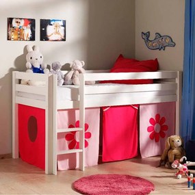Conjunto Cama alta de Criança PINO 90 x 200 cm + estrado + escada + cortina Flores Branca