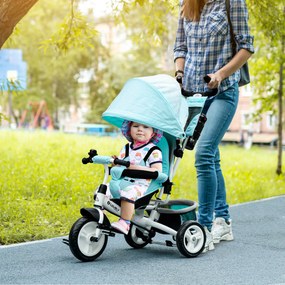 Triciclo para Bebés 2 em 1 de +12 Meses com Capota Dobrável Guiador Telescópico e Removível Bolsa e Porta-Garrafas Verde Água