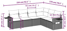 7 pcs conjunto sofás p/ jardim c/ almofadões vime PE cinzento