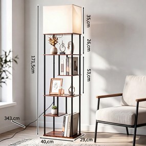 Candeeiro de pé industrial com 5 estantes abertos escalonados 40 x 29 x 172 cm, abajur de linho, Estrutura metálica e casquilho E27 para sala de estar