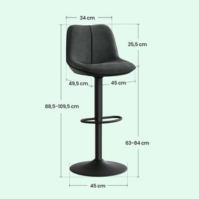 Conjunto 2 de bancos de bar com altura ajustável 49,5 x 45 x (88,5-109,5) cm, assento giratório e estofo em veludo cinzentos