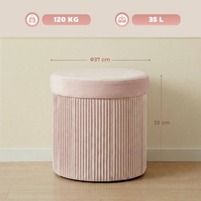 Puff de Arrumação Banco de Arrumação Dobrável 35 L 38x38x38 cm Estofado em Veludo Baú de Arrumação Redondo Rosa