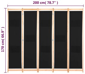 Divisória de quarto com 5 painéis 200x170x4 cm tecido preto