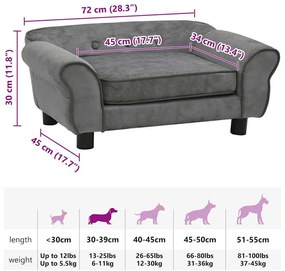 Sofá para cães 72x45x30 cm pelúcia cinzento-escuro