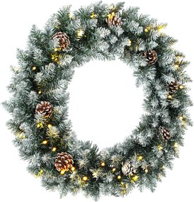 HOMCOM Guirlanda de Natal 60 cm Iluminada Guirlanda de Porta com 50 LEDs Pinhas Neve Artificial para Natal Advento Porta de Entrada | Aosom Portugal