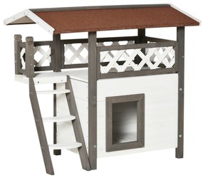 PawHut Casa para Gatos de Madeira 77x50x73cm Casa para Gatos com 2 Níveis com Teto Asfáltico Terraço Cercado Caverna e Escada para Interior e Exterior Branco e Cinza