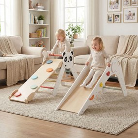 Parque dobrável para escalada para crianças Montessori de escalada em madeira com tema de panda Ginásio interior com escorrega Branco