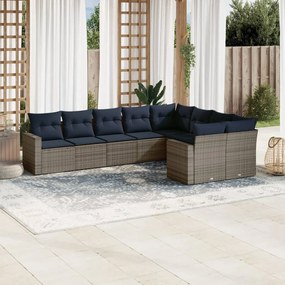 9 pcs conjunto sofás p/ jardim c/ almofadões vime PE cinzento