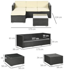 Outsunny Conjunto de Móveis de Vime de Jardim 3 Peças Conjunto de Móveis de Vime Exterior Sofá de 3 Lugares com Almofadas Acolchoadas Mesa de Centro com Bancada de Vidro Temperado e Banco Preto e Bege