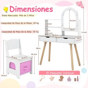 Toucador para crianças com 3 modos de iluminação colorida Brilho ajustável Estantes abertas e gavetas Branco