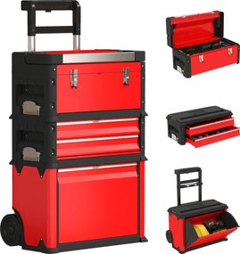 Conjunto de 3 caixas de ferramentas com rodas, empilháveis e modulares, em aço, com tabuleiro, pegas e fechadura, vermelhas
