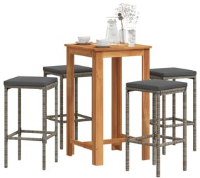 5 pcs conjunto de bar p/ jardim acácia maciça/vime PE cinzento