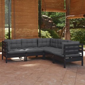 vidaXL 5 pcs conjunto lounge jardim c/ almofadões pinho maciço preto
