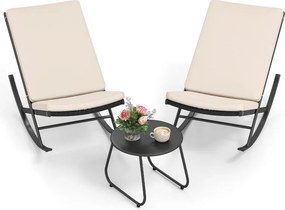 Conjunto de Baloiços jardim  de 3 peças com 2 cadeiras de baloiço em rattan PE com almofadas e 1 mesa preto e Bege