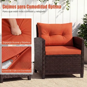 Conjunto jardim de 3 peças: cadeiras de rattan e mesa com tampo de vidro temperado. Mobiliário de exterior em vime para pátio, Castanho com almofadas