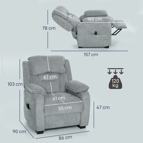 Poltrona relax elétrica, reclinável, com porta USB, apoio para os pés, bolsos laterais e comando à distância – 86 x 90 x 103 cm, cinzento claro