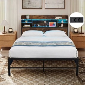 Estrutura cama 200 x 140 cm (COLCHÃO NÃO INCLUIDO) com Luzes LED e Estação de Carregamento 16 Cores 4 Modos Castanho Rústico e Preto