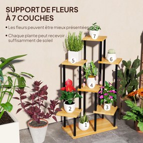 Suporte para plantas com 7 níveis para interior e exterior, prateleira para plantas em aço e madeira, madeira natural