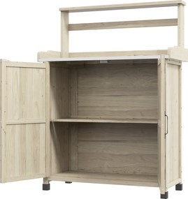 Bancada de Jardinagem, mesa de jardinagem, armário, prateleiras e tabuleiro com patins antiderrapantes, 90,5 x 41 x 124,5 cm, madeira natural