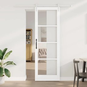 vidaXL Porta Deslizante com Conjunto de Ferragens 'ORKDAL'Branca Madeira Sólida & Vidro
