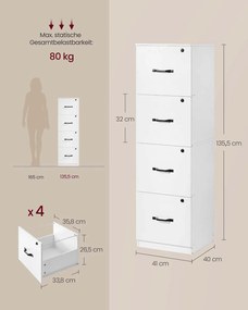 Armário de arquivo escritório 40 x 41 x 135,5 cmcom 4 gavetas com fechadura Branco