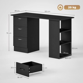 Secretária para computador com 3 gavetas e 3 prateleiras abertas, 120 x 49 x 72 cm, secretária com arrumação reversível, estilo moderno, secretária pa