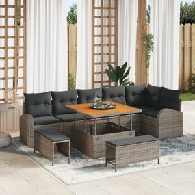 Conjunto de Sofá de Jardim vidaXL 9 Peças com Almofadas Cinza Vime de Polietileno Acácia