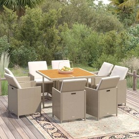 vidaXL 9 pcs conjunto de jantar p/ jardim com almofadões vime PE bege