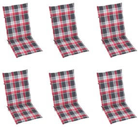 Cadeiras jardim c/ almofadões xadrez vermelho 6 pcs teca maciça