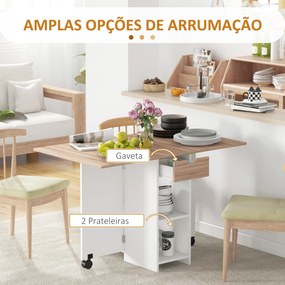 Mesa de Cozinha Dobrável com Rodas Laterais Rebatíveis Gaveta e Prateleiras para 2-4 Pessoas 120x72x75 cm Madeira Branco