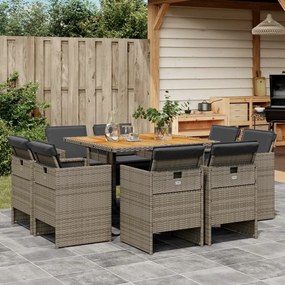 vidaXL 9 pcs conjunto de jantar p/ jardim c/ almofadões vime PE cinza
