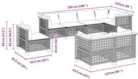 8 pcs conjunto sofás de jardim com almofadões vime PE preto