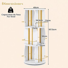Estante Giratória de 3 Níveis para Livros, 40 x 40 x 107,5 cm, Rotação de 360°, Branco