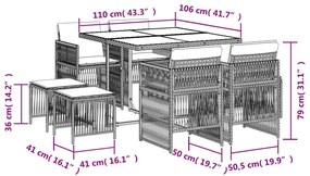 9 pcs conjunto de jantar p/ jardim c/ almofadões vime PE preto