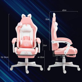 Cadeira Gaming com Orelhas Cadeira Gamer Reclinável com Altura Ajustável e Suporte Lombar 65x62x116-124 cm Rosa e Branco