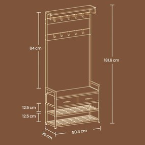 Movel entrada Hall com banco para sapatos e 10 ganchos 30 x 80,4 x 181,6 cm Castanho vintage-Preto