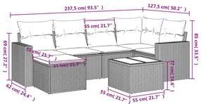 7 pcs conjunto sofás p/ jardim c/ almofadões vime PE cinzento