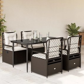 vidaXL 5 pcs conjunto jantar p/ jardim c/ almofadões vime PE castanho