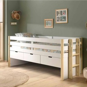 Cama infantil MARGRIT (90 x 200 cm) + Estrado + 3 gavetas para arrumação Natural / Branca