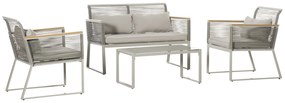 Conjunto de Móveis de Jardim Vime 4 Peças Sofá Duplo 2 Poltronas Individuais e Mesa de Centro com Vidro com Almofadas para Exterior Terraço Cinza